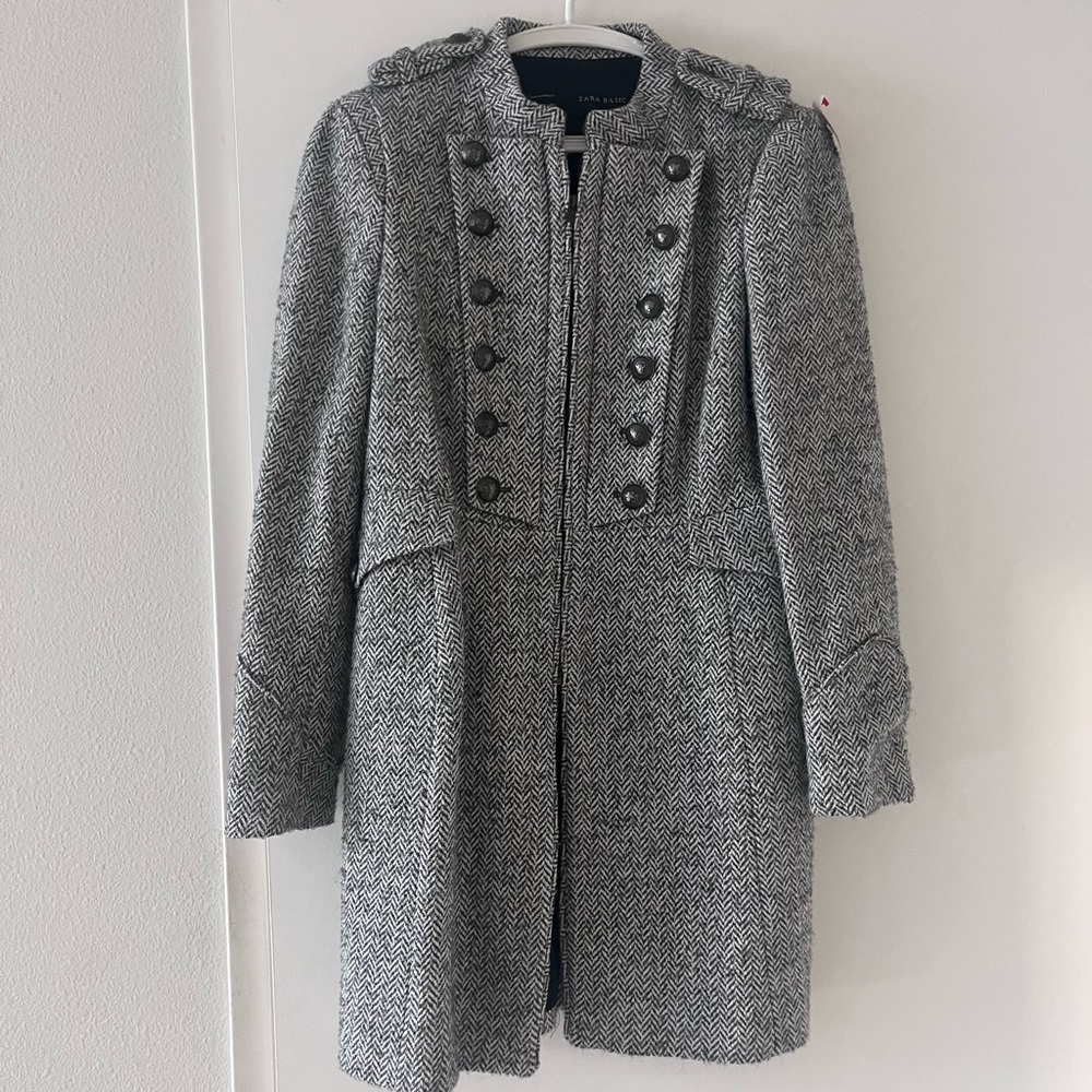 Zara Womens Grey Wool Tweed and Mohair Military Jacket Size L